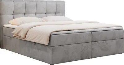 Produktbild von Boxspringbett 200x200 mit Bettkasten, Bett mit Multipocket - Matratze H3 Topper, Polsterbett 200x200 mit Bettkasten Kopfteil, Boxspringbett mit Matratze H3 - RICO - 200x200 - Hellgrau - Velvet - H3