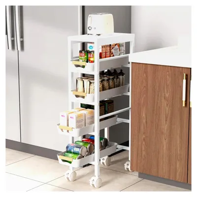 Produktbild von Küchenwagen Schmal, 5 Ebenen Rollwagen mit Schubladen, Servierwagen Weiß aus Metall mit Rollen und Arbeitsplatte, Nischenregal 20 cm breit für Küche, Badezimmer und Büro, 38x81cm