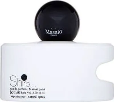 A white perfume bottle with a black spherical cap.