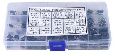 Zdjęcie produktu dla Zestaw elektroniki zawierający 150 elementów – kondensatory elektrolityczne o napięciu 100V – pojemność od 0,33nF do 470nF – idealny do projektów DIY