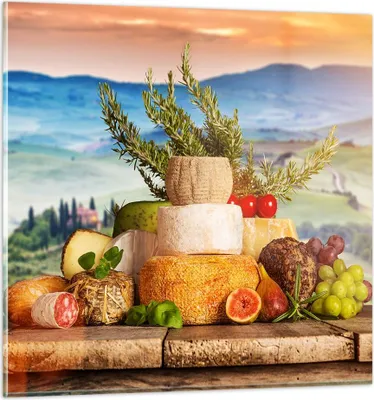 Produktbild von Bilder auf glas - Toskana Käse Obst Italien - 70x70cm - Glasbilder - Wandbilder - Kunstdruck - zum Aufhängen bereit - Wanddekoration aus Glas - Glas Bilder - Wandbild auf Glas - GAC70x70-2902