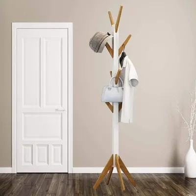 Produktbild von Style home Garderobe aus Holz mit 8 Haken für Flur, Diele, Schlafzimmer, Wartezimmer, Weiß und Bambus, Höhe ca. 178 cm