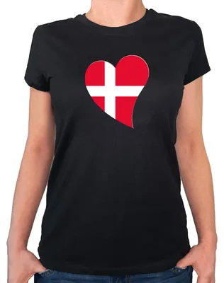 Produktbild von Huuraa Damen T-Shirt Dänemark Flagge Herz XS Black Bio Baumwolle Fairtrade Damenshirt Geschenkidee