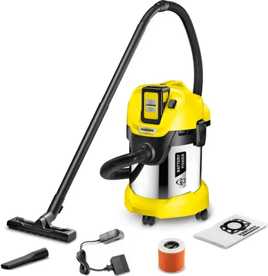 A Kärcher battery-powered wet/dry vacuum cleaner and its accessories are displayed against a white background.