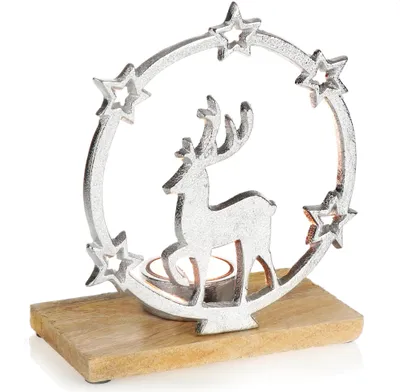 Produktbild von com-four® Teelichthalter mit Rentier-Motiv - Weihnachtlicher Kerstenständer mit Holz-Sockel - dekorativer Kerzenhalter Weihnachten - Weihnachtsdeko
