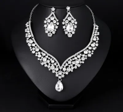 Produktbild von 1 Set Braut-Ohrringe, Halskette, Strass-Kunstkristall-Schmuck, aushöhlen, verstellbare Halskette, Ohrringe für Hochzeit