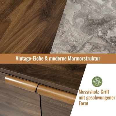 Produktbild von Merax Kommode Wohnzimmer in Eiche Nachbildung mit Marmor-Optik Platte, Sideboard mit 3 Schubladen & Doppeltürschrank, Massivholzbeine, kehrroboterfähig