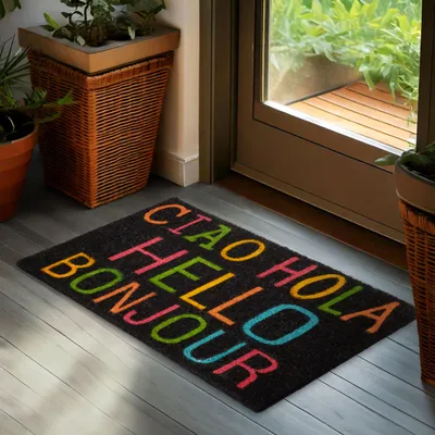 Produktbild von BRUBAKER Fußmatte Ciao Hola Hello Bonjour - 45x75 cm Kokos Schmutzfangmatte - Antirutsch & Wetterfest - Schwarz Bunt