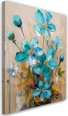 Produktbild von Leinwandbild Gemalte Blumen Türkis 80x120 Feeby Türkis bild für die wand bereit zum aufhängen
