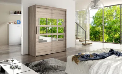 Produktbild von Geräumiger Kleiderschrank mit Spiegel Kara – Breite 150 cm, Trüffel