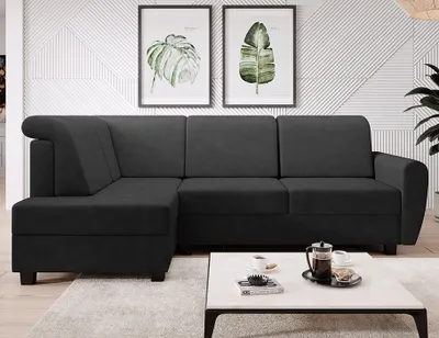 Produktbild von Easy4You Ecksofa MILO L-Form Schwarz – 235x90x157 cm - Schlafsofa mit Bettkasten und Schlaffunktion - Eckcouch mit Stauraum – Links – Stoff Soro 100