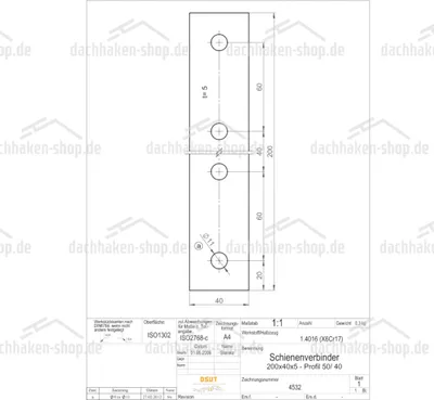 Produktbild von Schienenverbinder 5x40x200 mit 4xRLØ11 | Material 1.4016