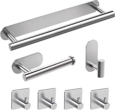 Productafbeelding van Unyqoos® 7-delige zelfklevende badkameraccessoireset van roestvrij staal 304 – 40 cm handdoekhouder, toiletrolhouder, 1 handdoekhaak en 4 multifunctionele haken, boorvrij