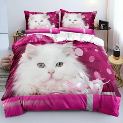 Productafbeelding van Bettenset, 4-delig, 135x200 cm, kattenmotief, 3D microvezel, wit, roze, met rits