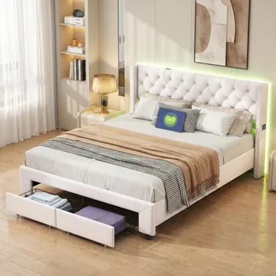 Obrázek produktu pro Postel INONEFT, čalouněná, 160 x 200 cm, dvoulůžko s USB porty a LED osvětlením, postel pro dospělé se dvěma zásuvkami a rošt, vhodná i pro mládež, potah z veluru, barva béžová, bez matrace