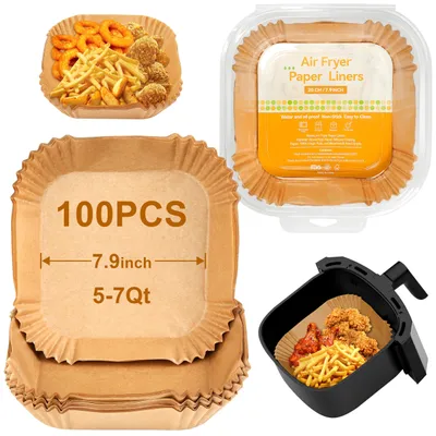 Productafbeelding van 100 stuks bakpapier voor heteluchtfriteuse, 20 cm vierkant, geschikt voor bakmanden van 5-7 liter, BPA-vrij