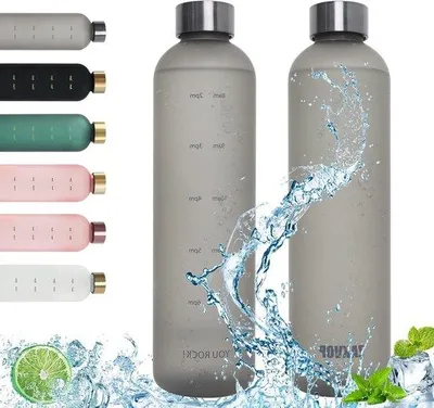 Productafbeelding van Famanu drinkfles, 1 liter - sportfles met tijdmarkeringen - grijs