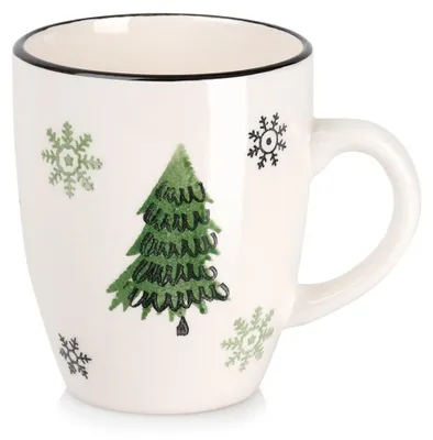 Produktbild von Becher aus Steingut mit grün-weißem Weihnachtsbaum-Motiv, 350 ml