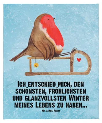 Produktbild von Mr. & Mrs. Panda Tagesdecke Rotkehlchen Schlitten - Eisblau - Geschenk, Bettdecke, Weihnachten, Decke, Vogel, Plaid, Couchdecke, Kuscheldecke