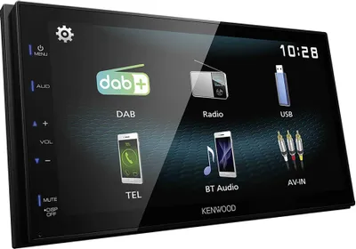 A digital car stereo display showing various function icons.