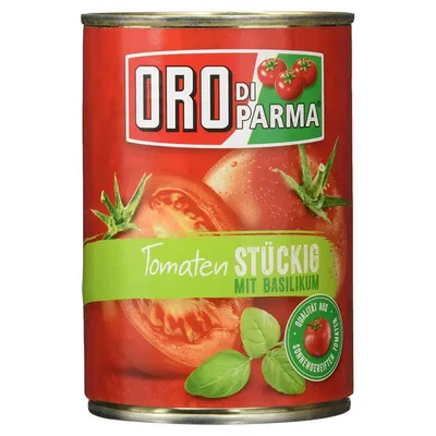 Produktbild von Oro di Parma stückige Tomaten mit Basilikum (400g Dose)