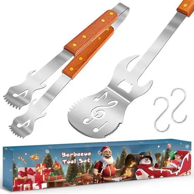 Produktbild von Edelstahl Grillzange mit Holzgriff und Flaschenöffner, Outdoor Grillbesteck
