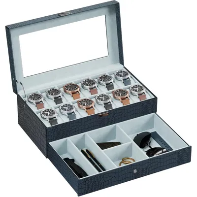 Produktbild von Uhrenbox mit 12 Fächern, 2 Ebenen, Glasdeckel, Blau