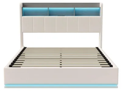 Image de Lit double - Structure de lit - Lit pour chambre - Sommier à lattes - Lit avec rangement - Blanc - 140x200 cm - Éclairage LED