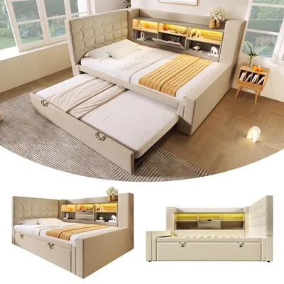 Zdjęcie produktu dla Łóżko tapicerowane o wymiarach 90x200 cm z możliwością rozłożenia na łóżko o wymiarach 90x190 cm, wyposażone w oświetlenie LED. Łóżko z pojemnikiem na pościel, z zagłówkiem w kształcie litery "L" z dodatkową przestrzenią do przechowywania, możliwość montażu z obu stron