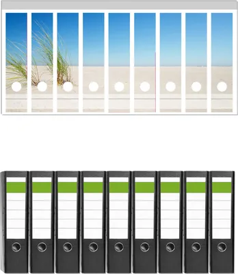 Produktbild von Wallario 9 Stück breite Ordner inkl. Klebeetiketten mit Motive Sandstrand unter blauem Himmel -  Set mit Rückenschildern / Ordnerrücken Stickern