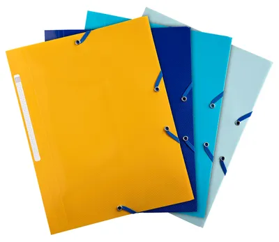 Productafbeelding van Exacompta 55110E, set van 4 premium plastic insteekmappen, kleur BeeBlue, gemaakt van gerecycled, lichtdicht plastic, met 3 kleppen en 2 elastieken, formaat DIN A4, 1 stuk