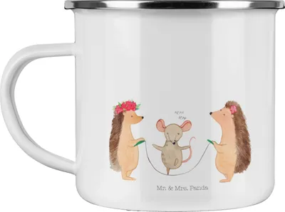 Produktbild von Mr. & Mrs. Panda Emaille Becher Igel Seilhüpfen - Weiß - Geschenk, Lustige Sprüche, Teetasse, Tasse, Kindergarten, Kinder, Maus, Pott, Seilspringen, Emailletasse