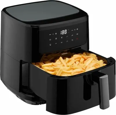 A black air fryer filled with french fries, with its digital display showing '188'.