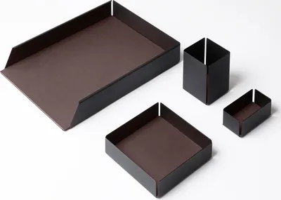 Produktbild von Schreibtisch Set Metall Schwarz und Echtes Leder Dunkel Braun - Büro Zubehör - Hergestellt in Italien