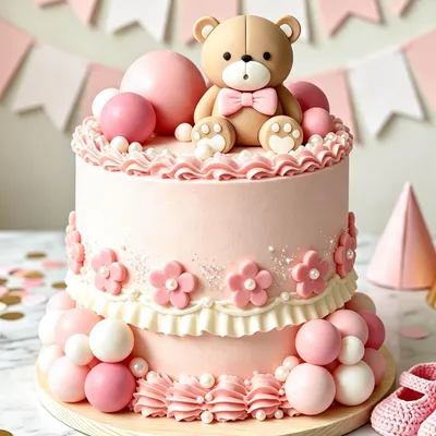 Tortenaufsatz Teddybär rosa, 1 Stück, für Taufe & 1. Geburtstag
