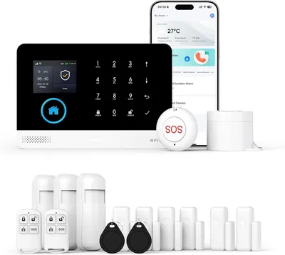 Produktbild von GSM-Funk-Alarmanlage für den Innenbereich, WLAN-Diebstahlschutz mit App-Steuerung, bestehend aus 16 Teilen (Bewegungsmelder, Tür- und Fenstersensoren, Sirene, Fernbedienung), kompatibel