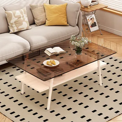 Immagine prodotto di Tavolino da divano in vetro rettangolare, con gambe in metallo, bianco e marrone, dal design moderno ed elegante