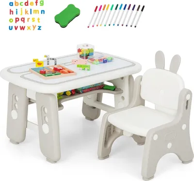 Produktbild von Kindersitzgruppe, Kinder Tisch Stuhl Set mit 2 aufklappbaren Whiteboards, höhenverstellbar Kindertisch mit Stauraum & Zubehör, Aktivitätstisch Zeichentisch für Kinderzimmer, Spielzimmer