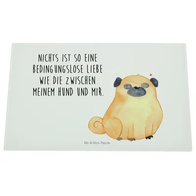 Produktbild von Mr. & Mrs. Panda Schneidebrett Aus Glas Mops - Weiß - Geschenk, Hund, Schneidbrett, Knuffig, Pure Liebe, Küchenbrett, Schneidplatte, Sprüche, Glasschneidebrett