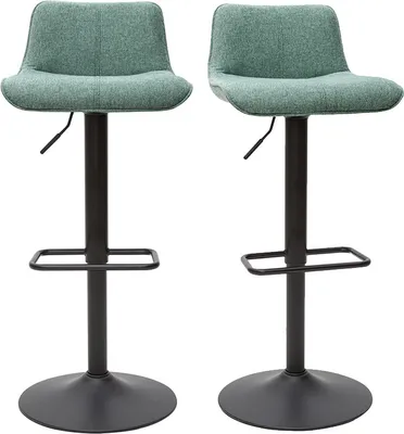 Two green bar stools with black bases and adjustable height are shown against a white background.