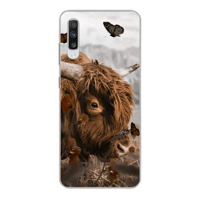 Produktbild von MuchoWow® Handyhülle Schutzhülle Hülle für Samsung Galaxy A70 Scottish Highlander - Schmetterlinge - Pflanzen Silikon Softcase Handy Hülle - Schutzhaube