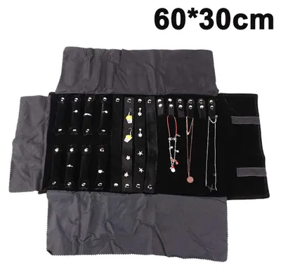 Produktbild von Reise-Schmuckkoffer mit Rollenfunktion aus Flanell, faltbare Schmuckaufbewahrung für Halsketten, Armbänder, Ohrringe und Ringe, 60 x 30 cm, Schwarz, ideal für Reisen und Zuhause