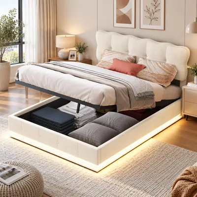 Obrázek produktu pro Postel INONEFT, čalouněná, rozměry 140x190 cm, s LED osvětlením, hydraulický úložný prostor, rošt, bez matrace, samet, béžová barva