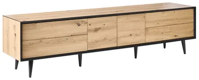 Produktbild von BELIANI TV-Lowboard Hellbraun Holzoptik MDF mit Schwarzen Metallbeinen 2 Türen 4 Schubladen Stauraum Aufbewahrung Fernsehschrank TV Schrank