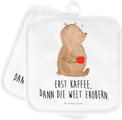 Produktbild von Mr. & Mrs. Panda Topfuntersetzer Bär Kaffee - Weiß - Geschenk, Ofenlappen, Kochlappen, Topflappenset, topfhalter, Guten Morgen, Coffee, Topflappen, Motivation, Bären
