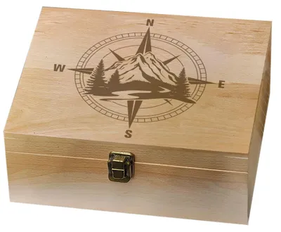 Holz-Erinnerungsbox mit Bergkompass, 24,5x19,5x10,3 cm