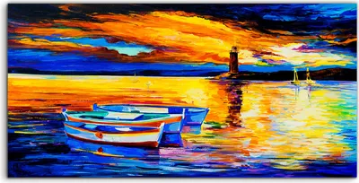 Produktbild von Coloray Spritzschutz aus Glas 100x50  Wandkunst Küchenrückwand Boote Wasser Leuchtturm farbenfroh