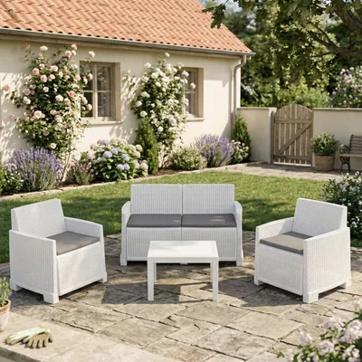 Immagine prodotto di Dmora set Salotto da Esterno Atrito Bianco, 4 Posti Impermeabile, Idrorepellente, Lavabile  Italy
