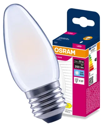 Produktbild von LED-Lampe E27, "Świeczka" B35, 1,8W = 25W, 250lm, 4000K (neutralweiß), 300°, Filament, Marke: Osram, KI-generiertes Bild