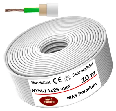 Produktbild von 10m Feuchtraumkabel Stromkabel Mantelleitung NYM-J 1x25 mm² Elektrokabel